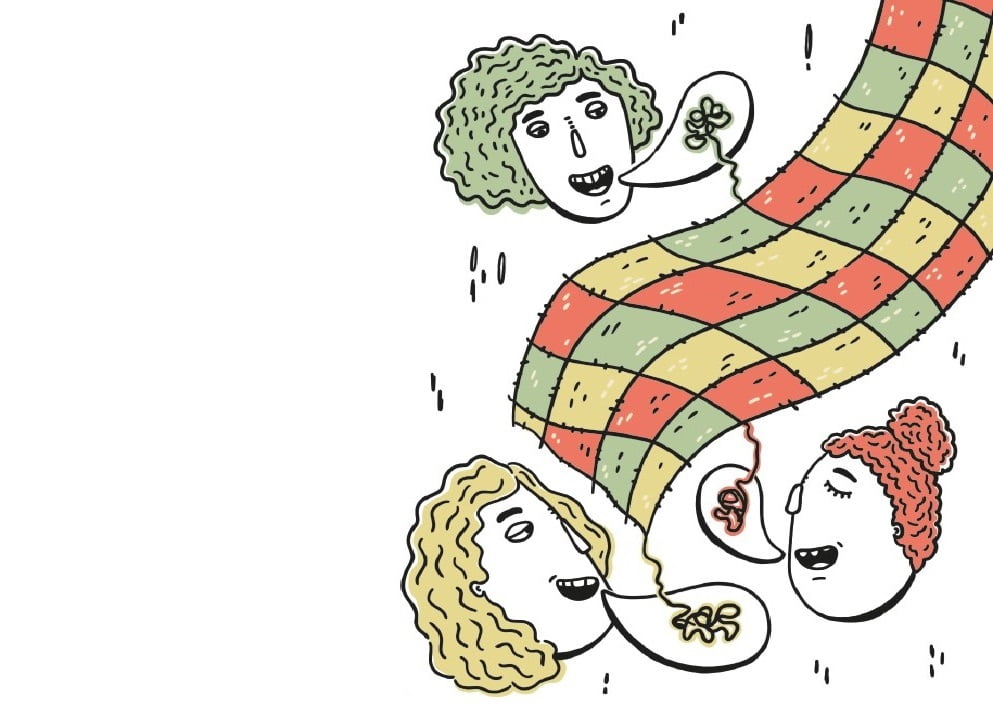 Ilustração sobre mulheres tecendo uma colcha